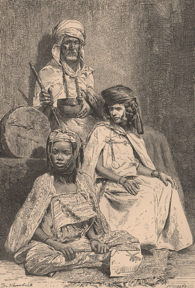 Arab Mendicant, Biskra Negress and El-Kantara woman. Algeria 1885 old print